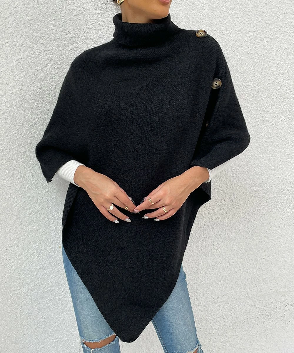 Deals 👏 Romantichut Black Mock Neck Button-Accent Poncho - 👩 Women 🔥 4 Deals 👏 Romantichut Black Mock Neck Button-Accent Poncho - 👩 Women 🔥 - Image 2