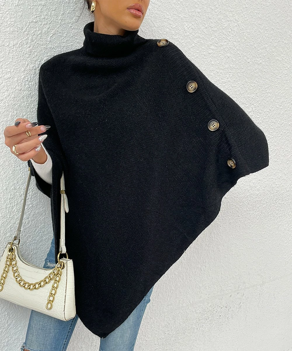 Deals 👏 Romantichut Black Mock Neck Button-Accent Poncho - 👩 Women 🔥 5 Deals 👏 Romantichut Black Mock Neck Button-Accent Poncho - 👩 Women 🔥 - Image 3