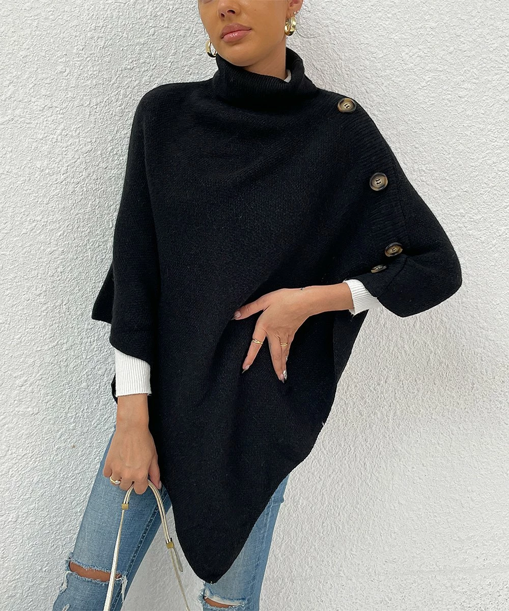 Deals 👏 Romantichut Black Mock Neck Button-Accent Poncho - 👩 Women 🔥 3 Deals 👏 Romantichut Black Mock Neck Button-Accent Poncho - 👩 Women 🔥