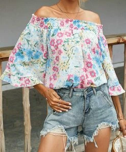 Hot Sale 🌟 Romantichut Blue & Pink Floral Off-Shoulder Top - 👩 Women 😍 -Romantichut Sales zu102102274 alt 2 tm1640215227