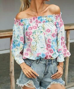 Hot Sale 🌟 Romantichut Blue & Pink Floral Off-Shoulder Top - 👩 Women 😍