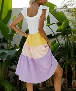 Promo 🥰 Romantichut Yellow & Pink Color Block Sleeveless Peasant 👗 Dress - 👩 Women 🥰 -Romantichut Sales zu102107817 alt 3 tm1640215227