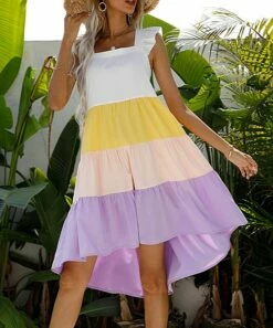 Promo 🥰 Romantichut Yellow & Pink Color Block Sleeveless Peasant 👗 Dress - 👩 Women 🥰