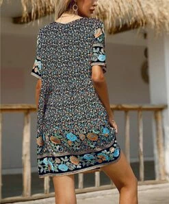 Discount 😉 Romantichut Blue Floral Scarf Print Button-Front V-Neck Shift 👗 Dress - 👩 Women 🎉 -Romantichut Sales zu102107821 alt 3 tm1642166830