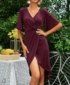 Best deal 😀 Romantichut Wine Bell-Sleeve Tulip-Skirt Surplice Hi-Low 👗 Dress - 👩 Women 😍