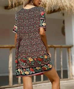 Best reviews of ⌛ Romantichut Black & Red Floral Button-Accent V-Neck A-Line 👗 Dress - 👩 Women ✨ -Romantichut Sales zu102107919 alt 3 tm1640270900