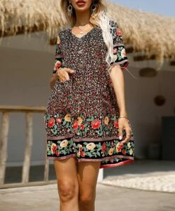 Best reviews of ⌛ Romantichut Black & Red Floral Button-Accent V-Neck A-Line 👗 Dress - 👩 Women ✨