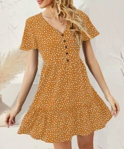 Brand new 🛒 Romantichut Mustard Polka Dot Ruffle-Hem 👗 Dress - 👩 Women 👏