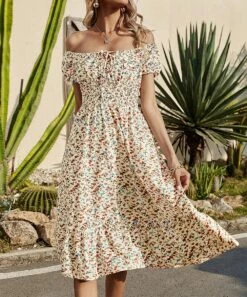 Outlet โญ Romantichut Apricot & Blue Floral Square-Neck Midi Peasant ๐ Dress - ๐ฉ Women ๐