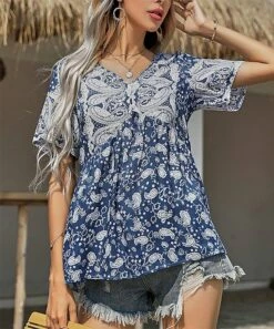 Deals 👏 Romantichut Blue & White Floral V-Neck A-Line Top - 👩 Women 💯 -Romantichut Sales zu102460424 alt 2 tm1640911253