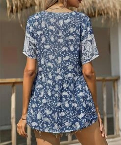 Deals 👏 Romantichut Blue & White Floral V-Neck A-Line Top - 👩 Women 💯 -Romantichut Sales zu102460424 alt 3 tm1640911253