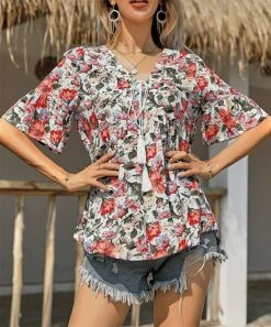 Wholesale 🧨 Romantichut Red Floral Ruffle-Accent V-Neck Top - 👩 Women ⌛ -Romantichut Sales zu102460439 alt 2 tm1640911253