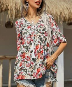 Wholesale 🧨 Romantichut Red Floral Ruffle-Accent V-Neck Top - 👩 Women ⌛ -Romantichut Sales zu102460439 alt 3 tm1640911253