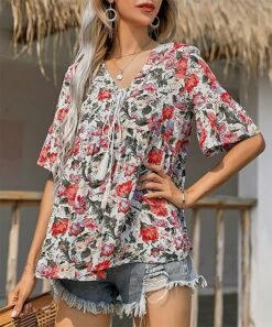 Wholesale 🧨 Romantichut Red Floral Ruffle-Accent V-Neck Top - 👩 Women ⌛