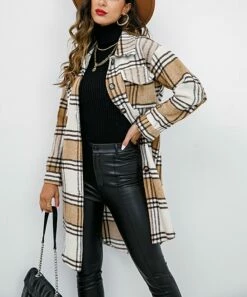Promo 🎁 Romantichut Khaki & White Plaid Longline Shacket - 👩 Women 💯