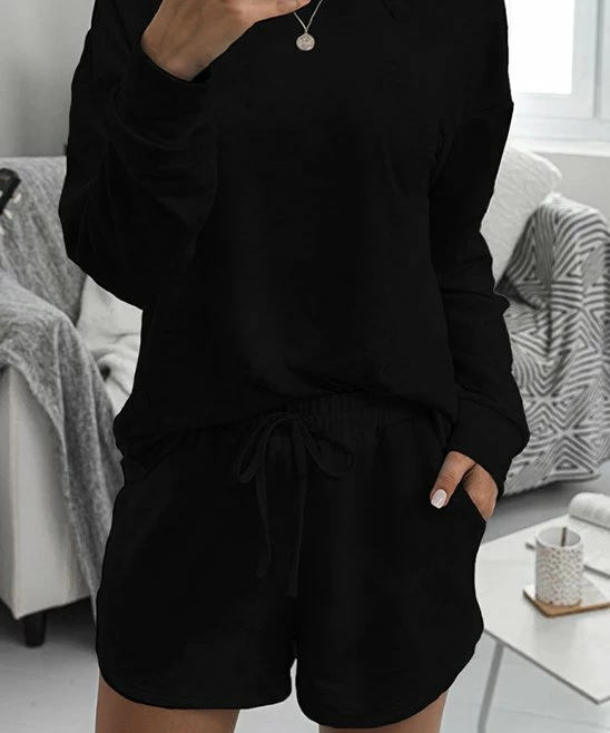 New ๐ Romantichut Black Long-Sleeve Crewneck Top & Pocket Shorts - ๐ฉ Women ๐ 5 New ๐ Romantichut Black Long-Sleeve Crewneck Top & Pocket Shorts - ๐ฉ Women ๐ - Image 3