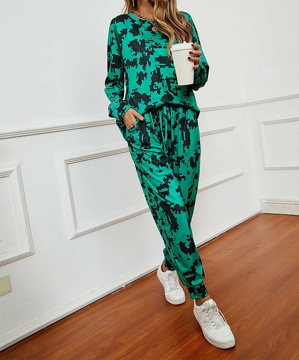 Wholesale 😍 Romantichut Green Abstract Long-Sleeve Crewneck Top & Pocket Joggers - 👩 Women 🎁 5 Wholesale 😍 Romantichut Green Abstract Long-Sleeve Crewneck Top & Pocket Joggers - 👩 Women 🎁 - Image 3