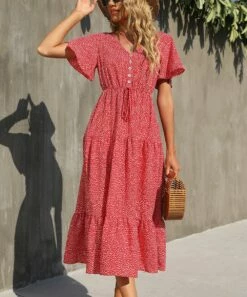 Cheapest 🔔 Romantichut Red & White Spotted Tiered Button-Front V-Neck Midi 👗 Dress - 👩 Women ❤️ -Romantichut Sales zu102810561 alt 2 tm1643999689