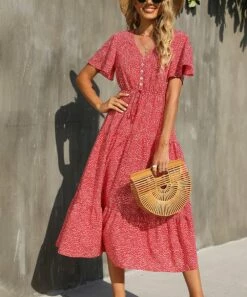 Cheapest 🔔 Romantichut Red & White Spotted Tiered Button-Front V-Neck Midi 👗 Dress - 👩 Women ❤️