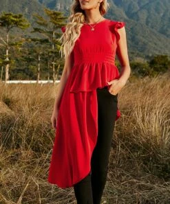Cheap 🎁 Romantichut Red Flutter-Sleeve Asymmetrical Top - 👩 Women 😀 -Romantichut Sales zu103422439 alt 1 tm1645653919