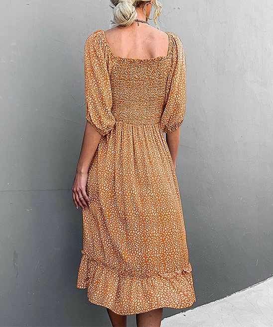 Top 10 ✔️ Romantichut Orange Leopard Puff-Sleeve Smocked Square Neck Midi 👗 Dress - 👩 Women 🔥 4 Top 10 ✔️ Romantichut Orange Leopard Puff-Sleeve Smocked Square Neck Midi 👗 Dress - 👩 Women 🔥 - Image 2
