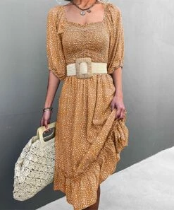 Top 10 ✔️ Romantichut Orange Leopard Puff-Sleeve Smocked Square Neck Midi 👗 Dress - 👩 Women 🔥