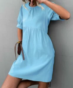 Budget 🔥 Romantichut Light Blue Empire-Waist Puff-Sleeve 👗 Dress - 👩 Women 🧨