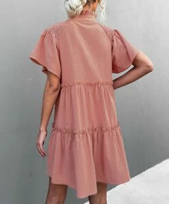 Budget 🛒 Romantichut Pink Tiered Notch Neck Flutter-Sleeve 👗 Dress - 👩 Women 💯 -Romantichut Sales zu103552792 alt 2 tm1645822465