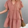 Budget 🛒 Romantichut Pink Tiered Notch Neck Flutter-Sleeve 👗 Dress - 👩 Women 💯 -Romantichut Sales zu103552792 main tm1645822465
