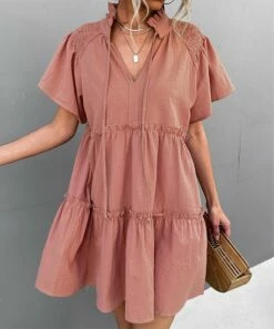 Budget 🛒 Romantichut Pink Tiered Notch Neck Flutter-Sleeve 👗 Dress - 👩 Women 💯