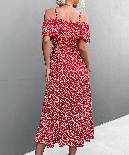 New 🔔 Romantichut Red & White Floral Ruffle-Accent Off-Shoulder Hi-Low 👗 Dress - 👩 Women 🤩 5 New 🔔 Romantichut Red & White Floral Ruffle-Accent Off-Shoulder Hi-Low 👗 Dress - 👩 Women 🤩 - Image 3