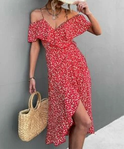 New ๐ Romantichut Red & White Floral Ruffle-Accent Off-Shoulder Hi-Low ๐ Dress - ๐ฉ Women ๐คฉ