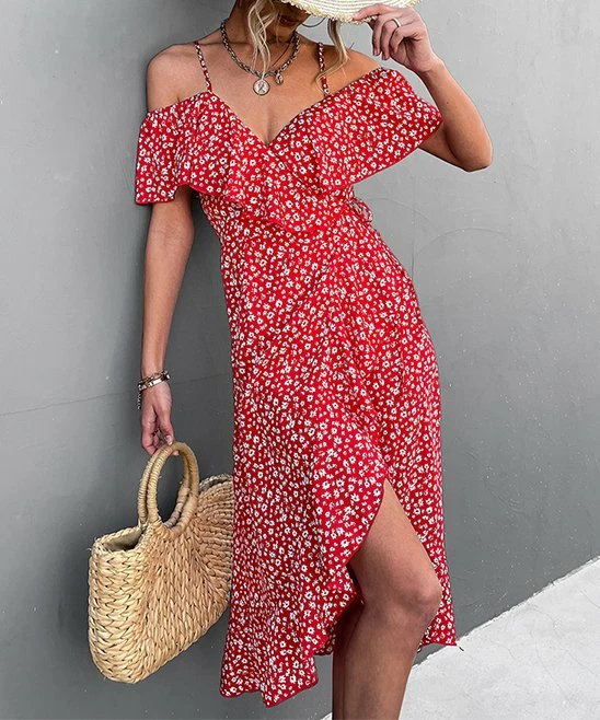 New 🔔 Romantichut Red & White Floral Ruffle-Accent Off-Shoulder Hi-Low 👗 Dress - 👩 Women 🤩 3 New 🔔 Romantichut Red & White Floral Ruffle-Accent Off-Shoulder Hi-Low 👗 Dress - 👩 Women 🤩
