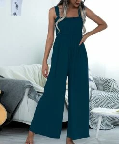Best Pirce 😉 Romantichut Deep Blue Shirred Wide-Leg Jumpsuit - 👩 Women 🥰 -Romantichut Sales zu103555209 alt 1 tm1645822657