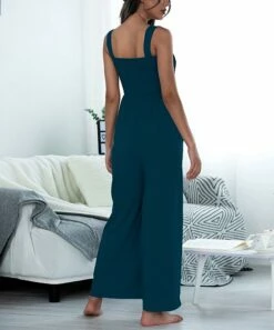 Best Pirce 😉 Romantichut Deep Blue Shirred Wide-Leg Jumpsuit - 👩 Women 🥰 -Romantichut Sales zu103555209 alt 2 tm1645822657