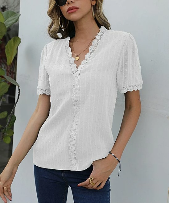 Promo ✔️ Romantichut White Swiss Dot Lace Trim V-Neck Blouse - 👩 Women 🎉 4 Promo ✔️ Romantichut White Swiss Dot Lace Trim V-Neck Blouse - 👩 Women 🎉 - Image 2