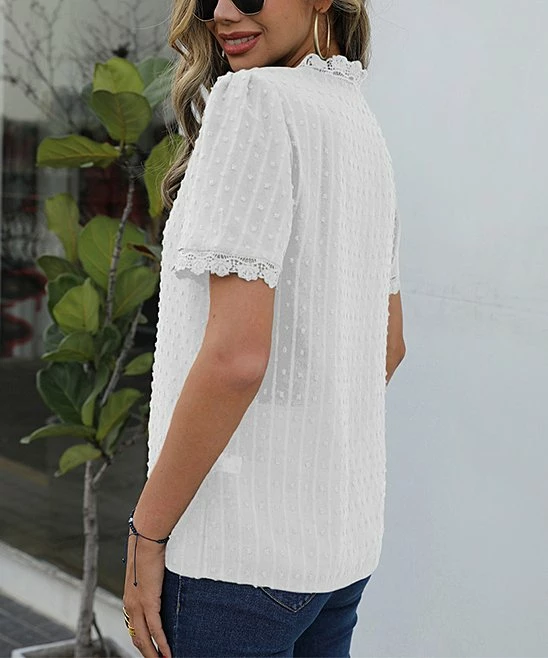 Promo ✔️ Romantichut White Swiss Dot Lace Trim V-Neck Blouse - 👩 Women 🎉 5 Promo ✔️ Romantichut White Swiss Dot Lace Trim V-Neck Blouse - 👩 Women 🎉 - Image 3