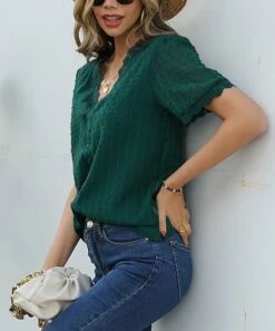 Buy 💯 Romantichut Green Swiss Dot Lace-Trim V-Neck Top - 👩 Women 🌟 -Romantichut Sales zu103594112 alt 3 tm1646254526