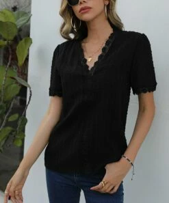 Budget 🛒 Romantichut Black Swiss Dot Lace-Trim V-Neck Top - 👩 Women 🛒 -Romantichut Sales zu103603035 alt 1 tm1646073160