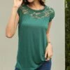 Cheap 🔔 Romantichut Green Lace Panel Cap-Sleeve Top - 👩 Women ✔️ -Romantichut Sales zu103603063 main tm1646140852