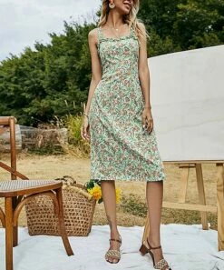 New ๐ Romantichut Green Floral Ruffle-Trim Sleeveless ๐ Dress - ๐ฉ Women ๐