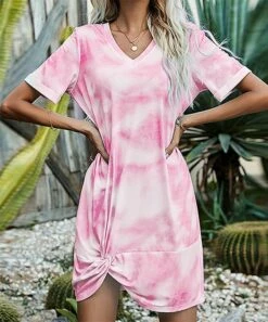 Budget 🔥 Romantichut Pink Tie-Dye Twist-Front V-Neck 👗 Dress - 👩 Women ⌛ -Romantichut Sales zu103950994 alt 3 tm1646942556