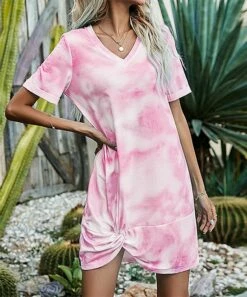 Budget 🔥 Romantichut Pink Tie-Dye Twist-Front V-Neck 👗 Dress - 👩 Women ⌛