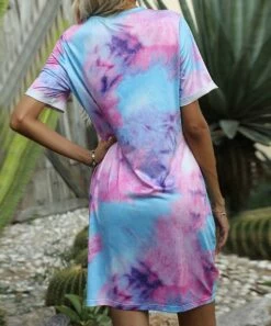 Best Pirce 🛒 Romantichut Blue & Purple Tie-Dye V-Neck Twist-Front Shift 👗 Dress - 👩 Women ❤️ -Romantichut Sales zu103951040 alt 2 tm1646853189