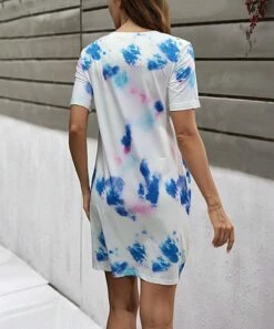 Flash Sale 🧨 Romantichut White & Blue Tie-Dye Twist-Front V-Neck 👗 Dress - 👩 Women 🔔 -Romantichut Sales zu103951049 alt 2 tm1646942556