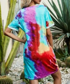 Best deal 🎉 Romantichut Blue & Red Multicolor Tie-Dye Twist-Front V-Neck T-Shirt 👗 Dress - 👩 Women 👍 -Romantichut Sales zu103951058 alt 2 tm1647023228