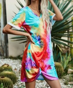 Best deal 🎉 Romantichut Blue & Red Multicolor Tie-Dye Twist-Front V-Neck T-Shirt 👗 Dress - 👩 Women 👍