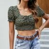 Flash Sale 🎁 Romantichut Green Floral Smocked Square Neck Crop Top - 👩 Women 🎁