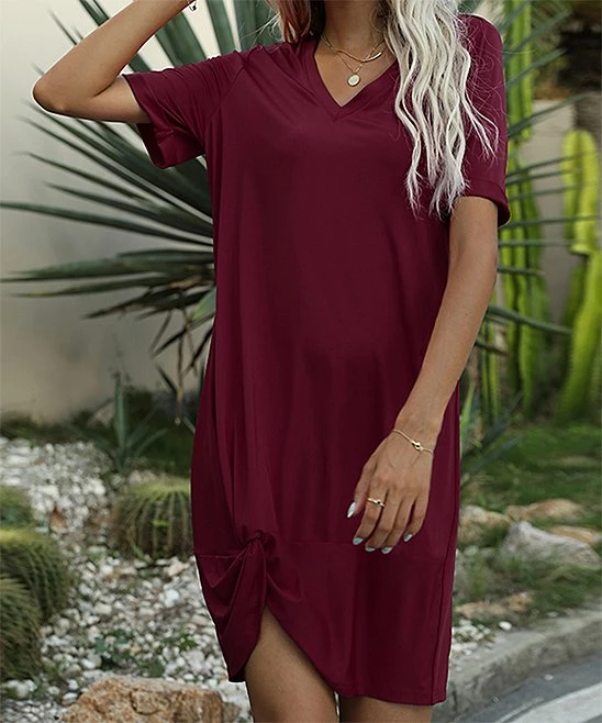 Buy 🎁 Romantichut Wine V-Neck Twist-Front Shift 👗 Dress - 👩 Women 😀 4 Buy 🎁 Romantichut Wine V-Neck Twist-Front Shift 👗 Dress - 👩 Women 😀 - Image 2