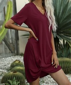 Buy 🎁 Romantichut Wine V-Neck Twist-Front Shift 👗 Dress - 👩 Women 😀 9 Buy 🎁 Romantichut Wine V-Neck Twist-Front Shift 👗 Dress - 👩 Women 😀 -Romantichut Sales zu103956811 alt 5 tm1647009260